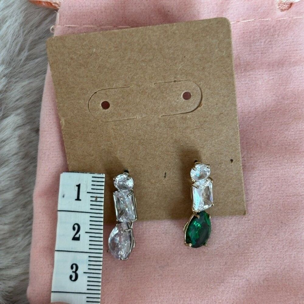 Roxanne Assoulin Mismatched CZ Drop Earrings Clear Emerald Green Mixed Cut - Picture 2 of 3